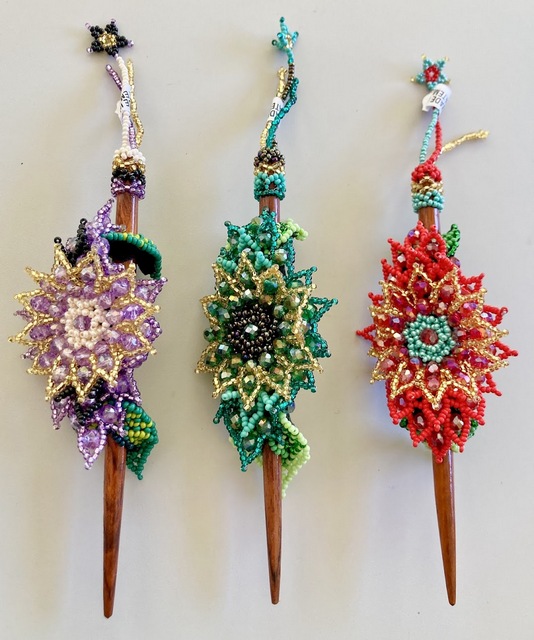 Beaded Stick Barrette Medium Flower Artisan Czech Glass